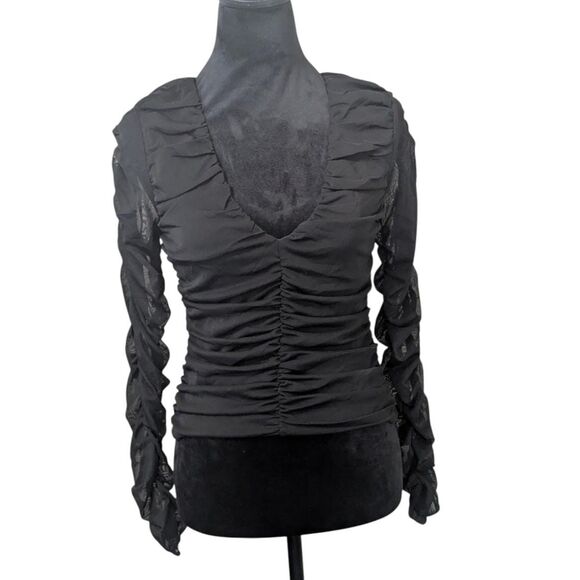 STELLA LUCE NWT Ruched Mesh Long Sleeve Top M Black Bodycon Going Out Blouse - Picture 1 of 6